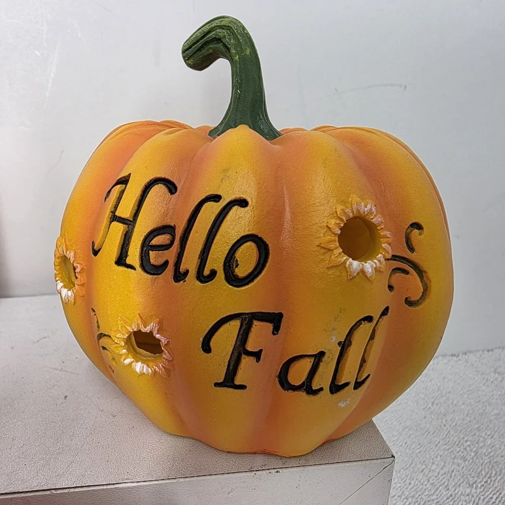 Set Of 3 Light Up Battery Orange Pumpkins Welcome Hello Fall Season Give Thanks